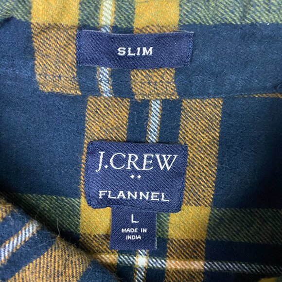 J. CREW Flannel Shirt Men's Large Slim Fit Orange Navy Green Plaid Button Down - Picture 5 of 10